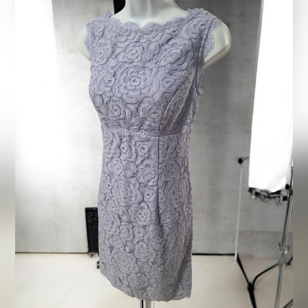 Adriana Papell Blue Floral Lace Boat Neck Scallop Sleeveless Fitted Dress 4